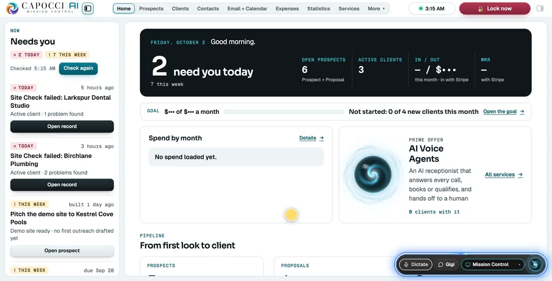 Mission Control with sample data: in a scripted demo talk Gigi opens Prospects and points at Find prospects, a prospect search runs, then she sums up a prospect's Site Check
