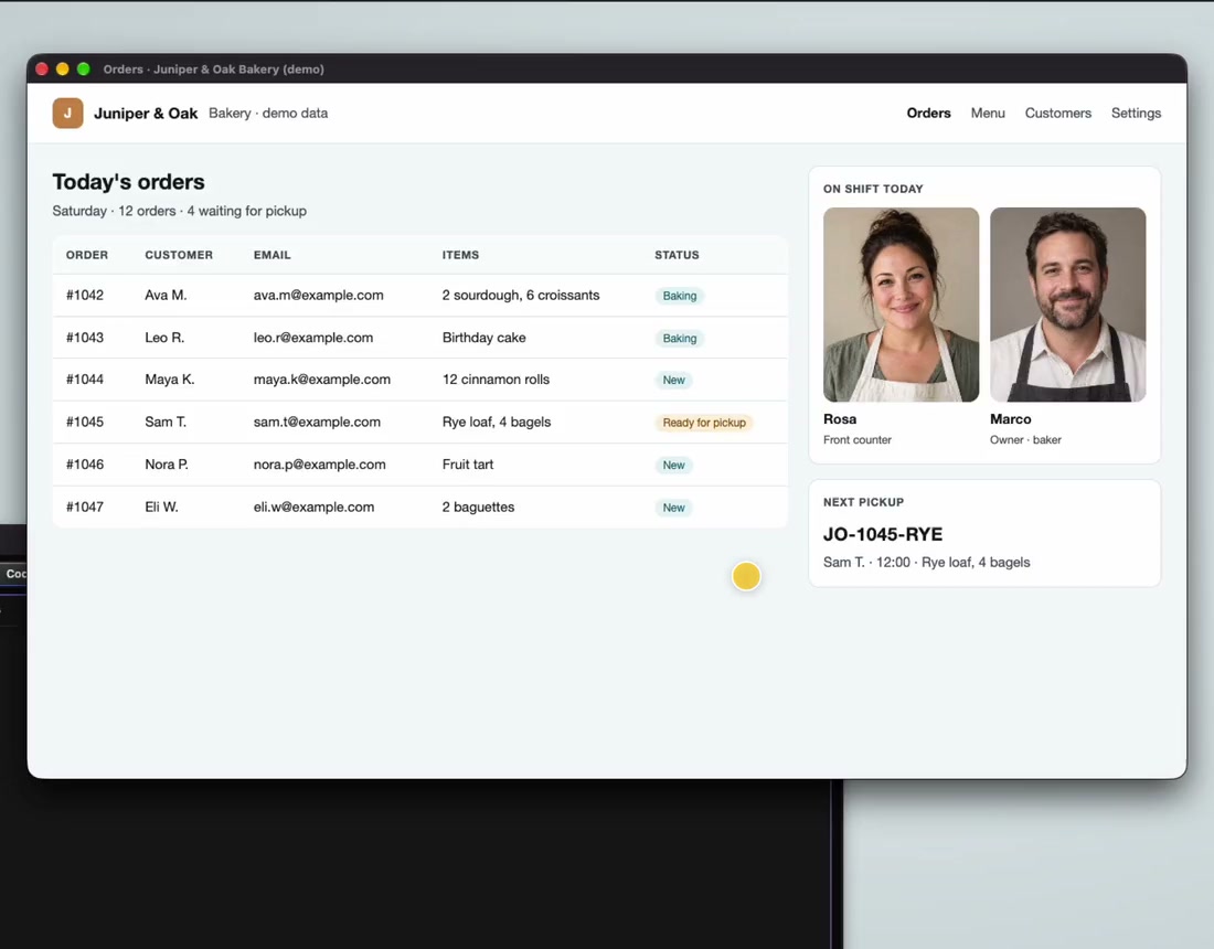 SmartSnap on a demo bakery page: a box and label, one click blurs every email, it finds two faces and blurs one, then Done sends the marked-up snapshot straight into a demo AI chat, which reads it